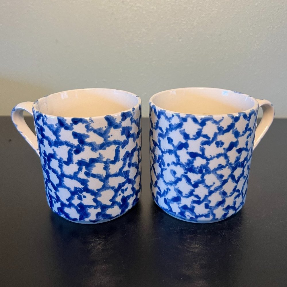 Gibson Housewares Blue Spongeware Coffee Cups Mugs Set of 2 Farmhouse  10oz
